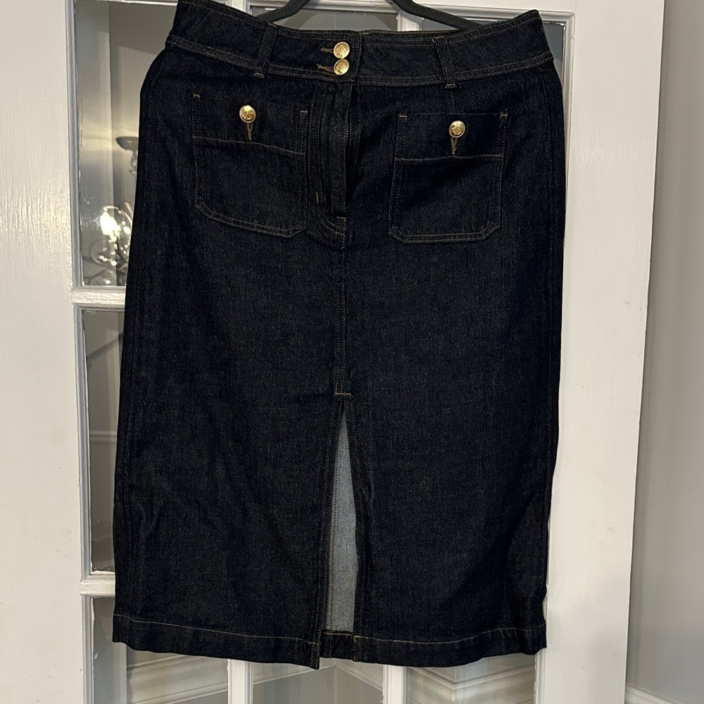 J. Crew Dark Denim Skirt with Gold Accents